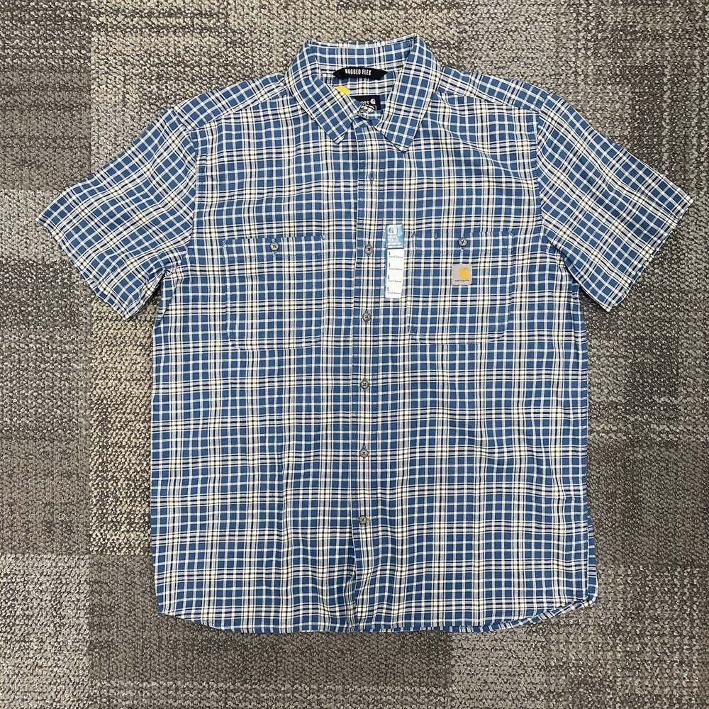 Carhartt Shirt Mens L Blue Rugged Flex Relaxed Short Sleeve Button Plaid NWT
